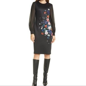 New Ted Baker Black Floral Bodycon Long Sleeve Dress